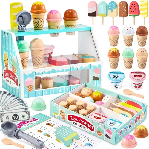 WHOHOLL Juego de simulación de helado de madera para niñas, juguete de tienda de juego con alimentos de juguete y accesorios de cocina de simulación