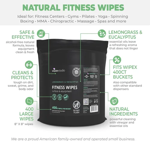 Miniatura 7 de Wipex Fitness Wipes - Rollo de recambio de cubo – Verificado por EWG – Toallitas para equipos de fitness a base de plantas, citronela, eucalipto