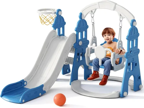 XJD - Juego de tobogán y columpio 5 en 1 para niños pequeños, tobogán para niños de 1 año en adelante, juego de exterior para niños pequeños con aro
