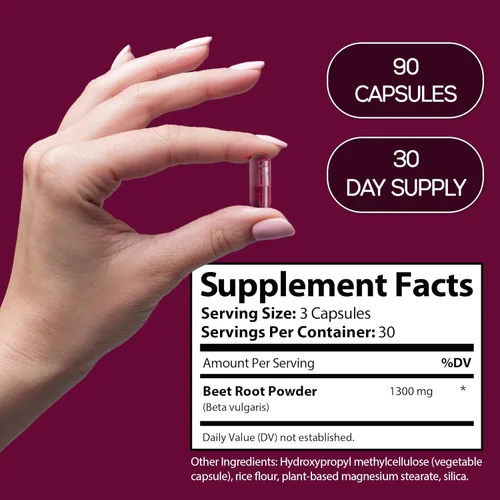 Miniatura 7 de Cápsulas de raíz de remolacha, polvo de remolacha pura 1300 mg, suplemento de apoyo a la circulación, vegano, sin OMG, sin gluten, 90 cápsulas