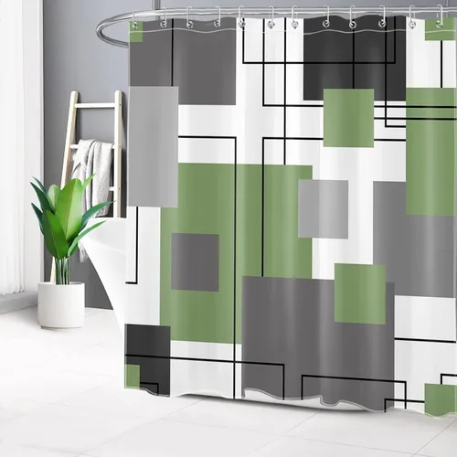 Miniatura 2 de LB Cortina de ducha geométrica a rayas grises y blancas, cortinas de ducha abstractas de mediados de siglo verde salvia para baño, 72 x 72 pulgadas