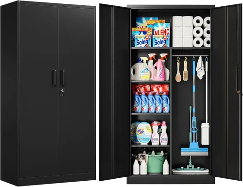 Miniatura 8 de SISESOL Armario de almacenamiento de metal de 36 pulgadas con puertas y estantes, pequeño armario de almacenamiento de garaje con cerradura, Negro