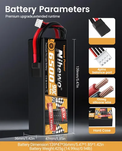 Miniatura 3 de 3S Lipo Battery 11.1V 6500mAh RC Battery 90C Estuche rígido con enchufe Tr + adaptador EC5 compatible con 1/8 1/10 RC camión, coche, vehículos