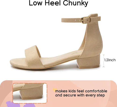 Miniatura 38 de Athlefit Sandalias para niñas, puntera abierta, correa en el tobillo, tacones bajos, zapatos de vestir para niñas pequeñas y grandes