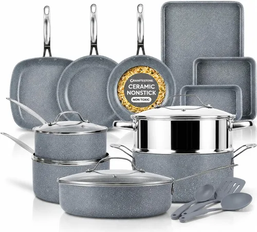 Granitestone Ceraluxe - Juego de 20 piezas de utensilios de cocina de cerámica antiadherente, juego completo de ollas y sartenes antiadherentes para