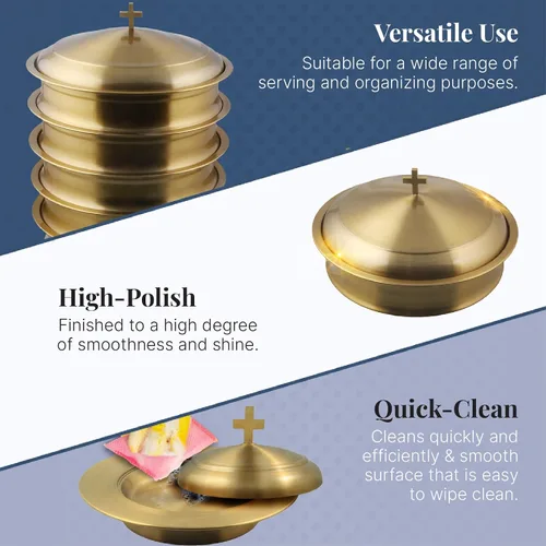 Miniatura 4 de Communion Ware - Bandeja para servir vino santo con tapa y un plato de pan apilable con tapa, acero inoxidable (latón/dorado)