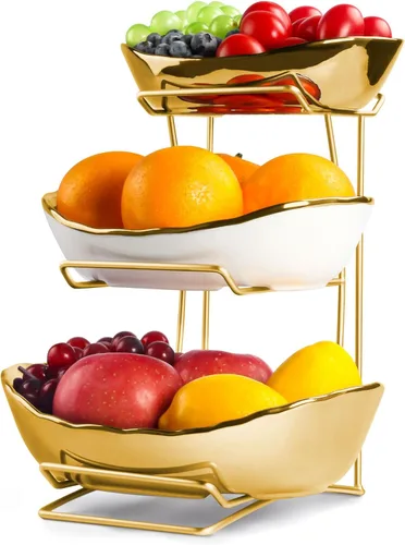 Cesta de frutas de 3 niveles para encimera de cocina, juego de fruteros de cerámica desmontable con soporte de metal, soporte de frutas escalonado