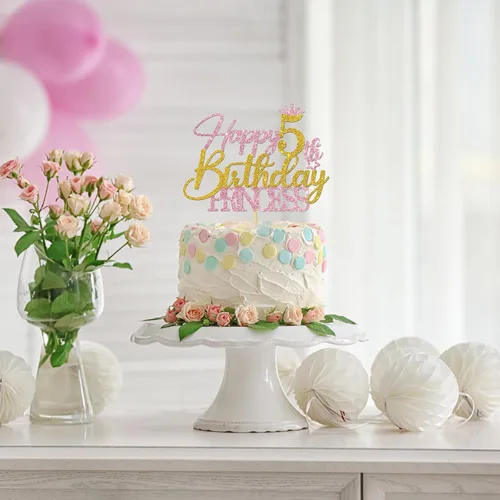 Miniatura 4 de Decoración para pastel de 5º cumpleaños de princesa – Suministros para pastel de cumpleaños de 5 años para niña – Decoración de fiesta de cumpleaños