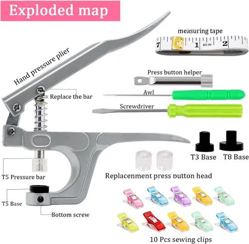 Miniatura 4 de FQTANJU Juego de alicates a presión, 1440 botones de plástico T5 con 10 clips de costura y 1 cinta métrica para coser, kit de cierres a presión