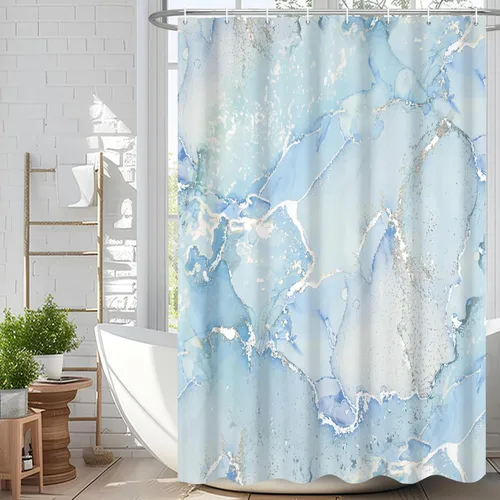 Miniatura 24 de Cortina de ducha abstracta de mármol negro gris y dorado con grietas, cortina de baño moderna ombre impresa, cortina impermeable y lavable de tela