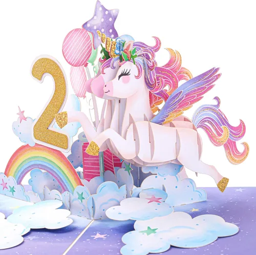 Liif Tarjeta de feliz cumpleaños de 2º cumpleaños de unicornio, tarjeta de cumpleaños desplegable para niños de 2 años para niños, niñas, niños no.2