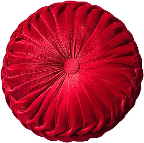 Teieas Almohada Decorativa Redonda de Terciopelo para Decoración del Hogar Cojín Redondo Plisado para Sofá Silla Cama Coche Rojo