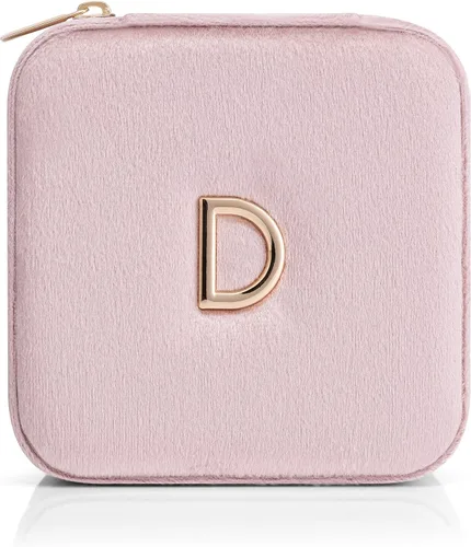Miniatura 5 de Vlando Joyero pequeño de viaje organizador para guardar anillos, aretes, collares, terciopelo suave seleccionado, letra D grabada, rosa