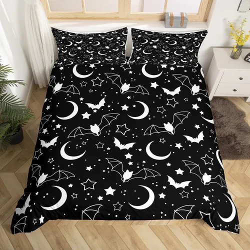 Miniatura 32 de Juego de ropa de cama de Halloween, funda de edredón gótica de murciélagos negros con telarañas, funda de edredón individual, diseño de arañas