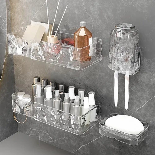 Estantes de ducha de acrílico con jabonera y soporte para cepillo de dientes, organizador de ducha de plástico transparente, organizador de baño