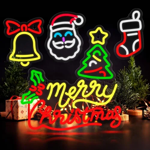 Miniatura 6 de 5 letreros de neón de Navidad con texto en inglés "Merry Christmas", campanas de Papá Noel, árbol de Navidad, luces LED, luces de neón de invierno