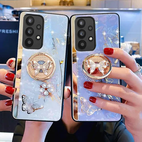 Miniatura 3 de Funda para Galaxy A13 5G con función atril, bonita carcasa de mármol con mariposa floral con espejo de soporte, elegante funda protectora a prueba