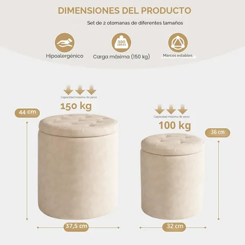 Miniatura 2 de oakvivo Otomana redonda de piel sintética con almacenamiento de 12.6" de ancho x 14.17" de alto y 14.76" de ancho x 17.32" de alto, juego de 2, mesa