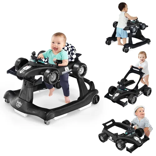 BABY JOY Andador de bebé 4 en 1, Andador de actividad plegable con altura y velocidad ajustables, música, luces, antivuelco, andador de empuje para