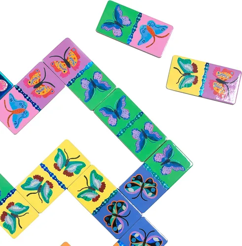 Miniatura 7 de eeBoo Dominó de mariposa brillante gigante – 28 azulejos de gran tamaño, lámina holográfica colorida, juego de colocación de azulejos, diversión sin