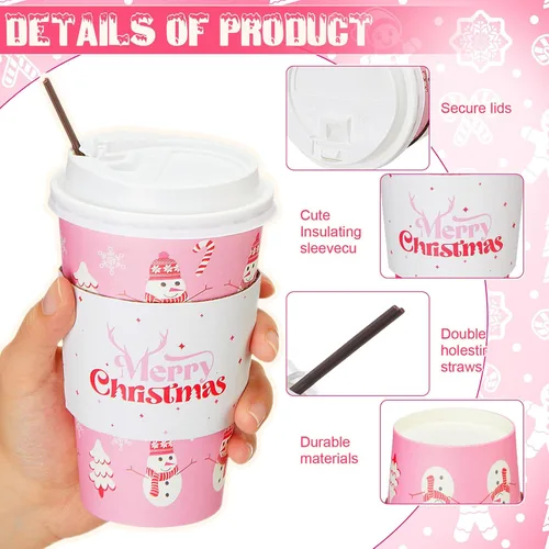Miniatura 3 de Ziliny 100 juegos de tazas de papel de Navidad con manga y tapa con pajita, tazas de chocolate caliente y cacao para fiestas de Navidad, suministros