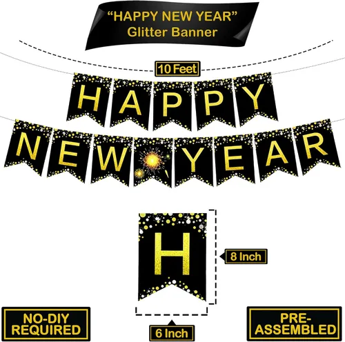 Miniatura 4 de KatchOn, Suministros para fiestas de Año Nuevo 2026 – Paquete de 34 Cartel de feliz año nuevo de 10 pies con pompones Fondo negro y dorado