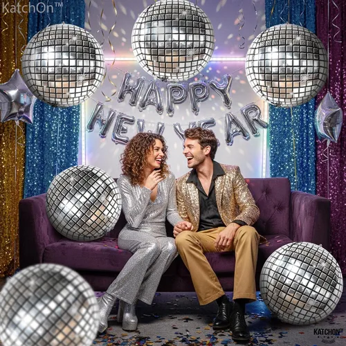 Miniatura 8 de KatchOn, Globos de bola de discoteca plateados, enormes de 22 pulgadas, paquete de 6, globos esféricos 4D para decoraciones de fiesta de discoteca