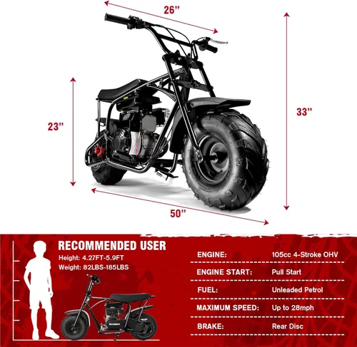 Miniatura 5 de Oryxearth Mini bicicleta de tierra todoterreno de 105cc de 4 tiempos, 28mph, a gasolina con transmisión automática y arranque de tirón para adultos