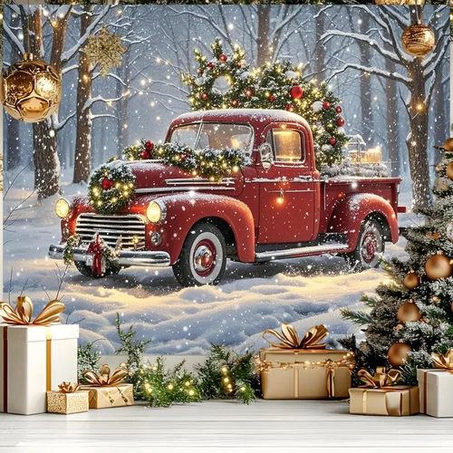 Miniatura 14 de HOMETITUTE Pancarta de Navidad de Papá Noel 8 x 6 pies Lista de Regalos Telón de Fondo Fiesta Navideña Fondo Árbol Muñeco de Nieve Bicicleta