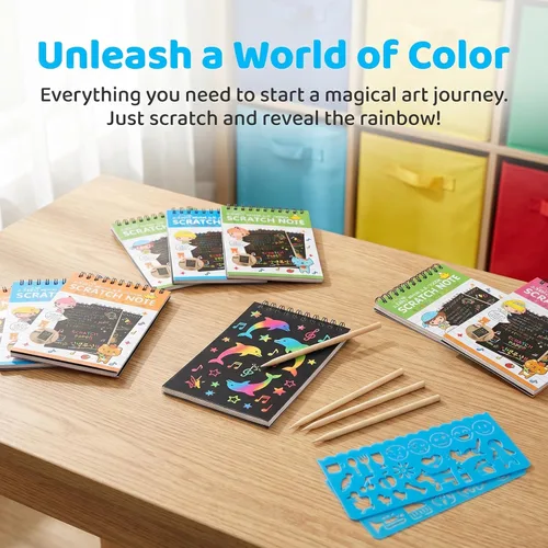 Miniatura 5 de Suwimut Paquete de 24 cuadernos de papel para rascar para niños, cuadernos para colorear negros con 24 lápices ópticos de madera y 4 plantillas