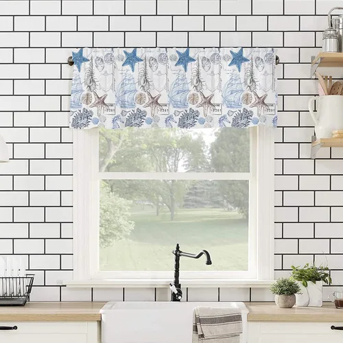 Miniatura 4 de Cortinas de cenefa costera para dormitorio, sala de estar, estrellas de mar náuticas, algas azules, persianas romanas para ventanas, cortinas