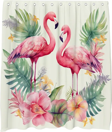 Cortina de ducha con diseño de flamenco, diseño de animales románticos, hojas de palmera tropicales, verde salvia, floral, diseño natural, acuarela,