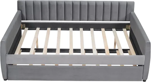 Miniatura 5 de MERITLINE Sofá cama tapizado de tamaño matrimonial con nido, sofá cama matrimonial de terciopelo con respaldo y reposabrazos, marco de cama Gris