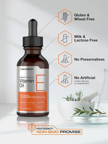 Miniatura 4 de Horbäach Aceite de vitamina E 13,800 UI 1 oz para cara y piel Suplemento líquido de origen natural Fórmula vegetariana, sin OMG y sin