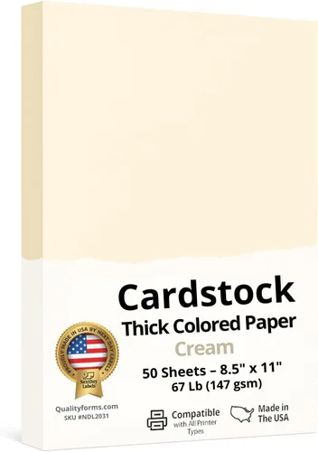 NextDayLabels Papel de cartulina de color, 50 hojas, "8-1/2" x 11"", color crema, 67 libras (147 gsm), papel de color grueso para manualidades,