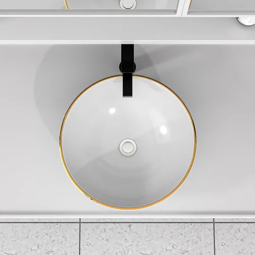 Miniatura 4 de Fregadero de recipiente blanco redondo - Fulorni 33x33 cm Lavabo de baño de cerámica de porcelana con borde dorado sobre encimera, fregadero
