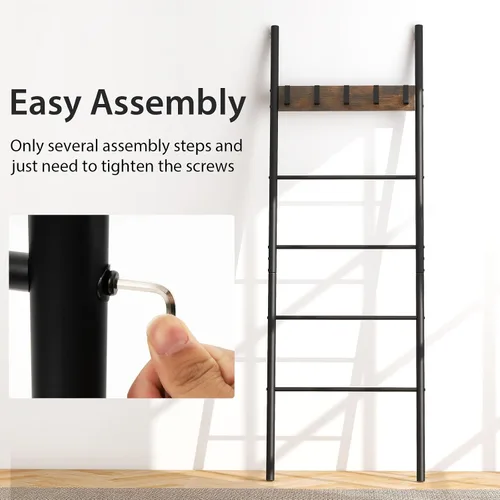 Miniatura 7 de Tangkula Escalera para mantas, estante de escalera de 5 niveles con 5 ganchos extraíbles, soporte decorativo para manta inclinado en la pared