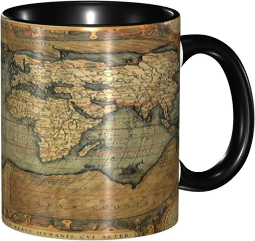 Taza de café, tazas de porcelana con mapa del mundo, antiguo gráfico antiguo vintage del siglo XVI, 11 onzas, para bebidas calientes y todos los