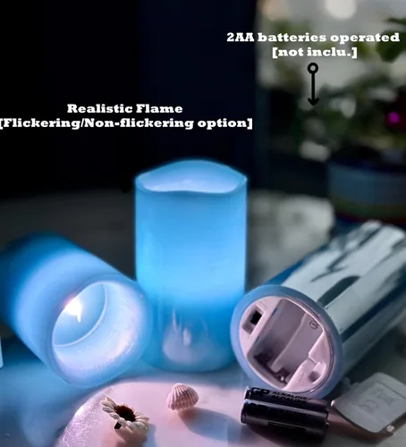 Miniatura 3 de Adoria Juego de 3 velas azules sin llama, velas de pilar de cera real que funcionan con pilas con control remoto y temporizador, diámetro de 3