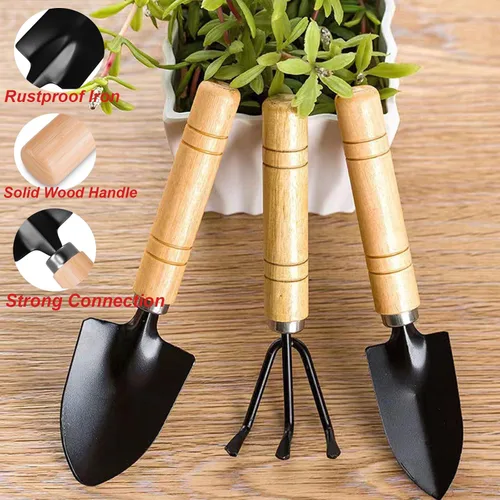 Miniatura 3 de Juego de 3 mini herramientas de jardín, palas pequeñas y rastrillo de mano con mango de madera maciza, herramientas de jardinería