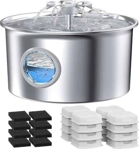 Miniatura 10 de Fuente de agua para gatos de acero inoxidable: fuente para mascotas ultra silenciosa de 88 oz/2.6 L con pico de gatito con flores y dispensador