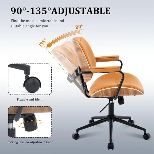 Miniatura 4 de BV Mid Century Modern - Juego de 1 silla de oficina giratoria con reposabrazos y respaldo de nogal, silla de escritorio ajustable para oficina