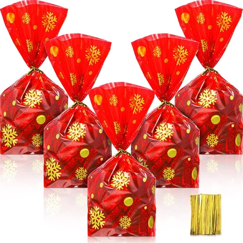 Miniatura 11 de Outus 100 piezas de bolsas de regalo de Navidad, bolsas de celofán con copos de nieve y Santa Claus, recipientes planos de plástico de celofán