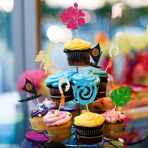 Miniatura 8 de 24 piezas inspiradas en Mo para cupcakes de cumpleaños con purpurina de hoja de palma, flor de moana, decoración de fiesta de cumpleaños hawaiana