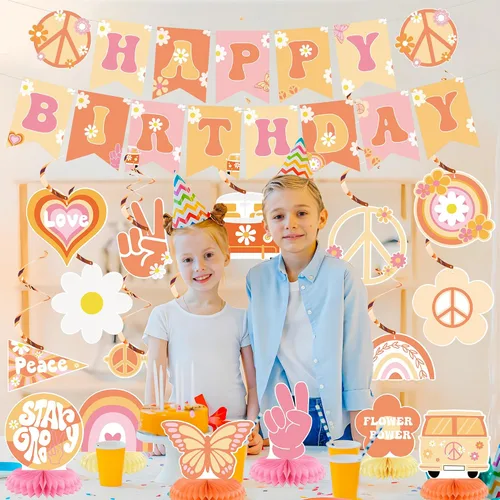 Miniatura 6 de 19 piezas de decoraciones de fiesta geniales incluyen pancarta bohemia de feliz cumpleaños, espirales colgantes hippie retro boho panal centros