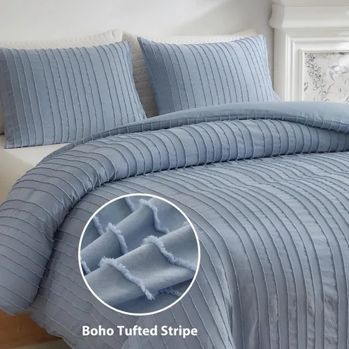 Miniatura 2 de WARMDERN Juego de funda de edredón a rayas azules, ropa de cama con textura bohemia acolchada con mechones, 2 piezas tamaño Twin de microfibra