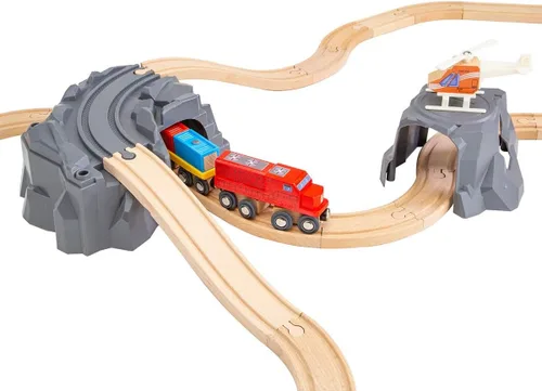 Miniatura 5 de Juego de tren de madera para niños, grúa magnética para levantar y cargar helicóptero, contenedores de envío de semirremolques, motor diésel, juego