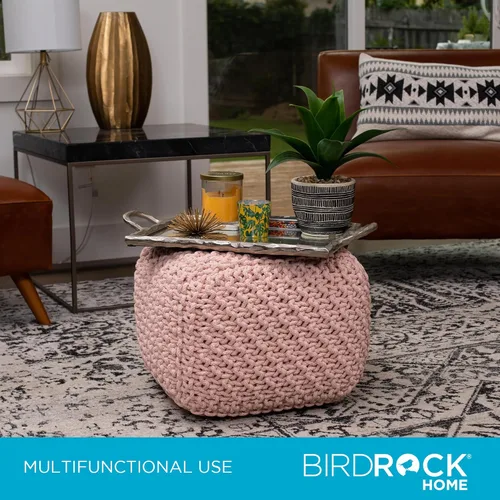Miniatura 6 de BIRDROCK HOME - Puf otomano cuadrado Taburete de pie trenzado de algodón con relleno de bolsa de frijoles Reposapiés bohemio para sala de estar