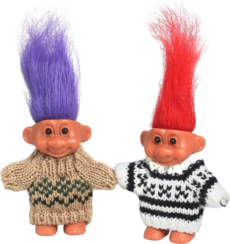 2 PIEZAS Muñecos Retro Lucky Troll con Suéteres Tejidos a Mano - Coloridos, Adorables, Ideales para Colecciones, Proyectos Escolares, Manualidades y
