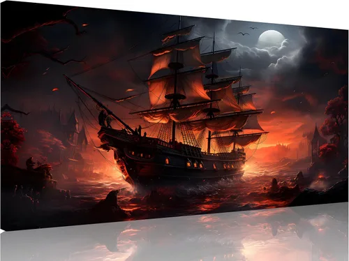 Miniatura 26 de TutuBeer 3 Piezas Arte de Pared Batalla Naval Barco Imagen Barco Pirata Velero Póster Barco Pirata Azul en Llamas Imagen Impresa en Lienzo Póster